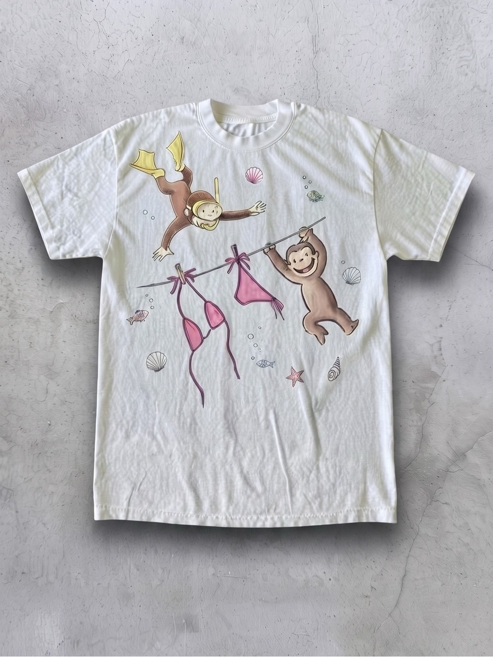 Gildan White Tee with Curious Monkey
Graphic and Pink Accents